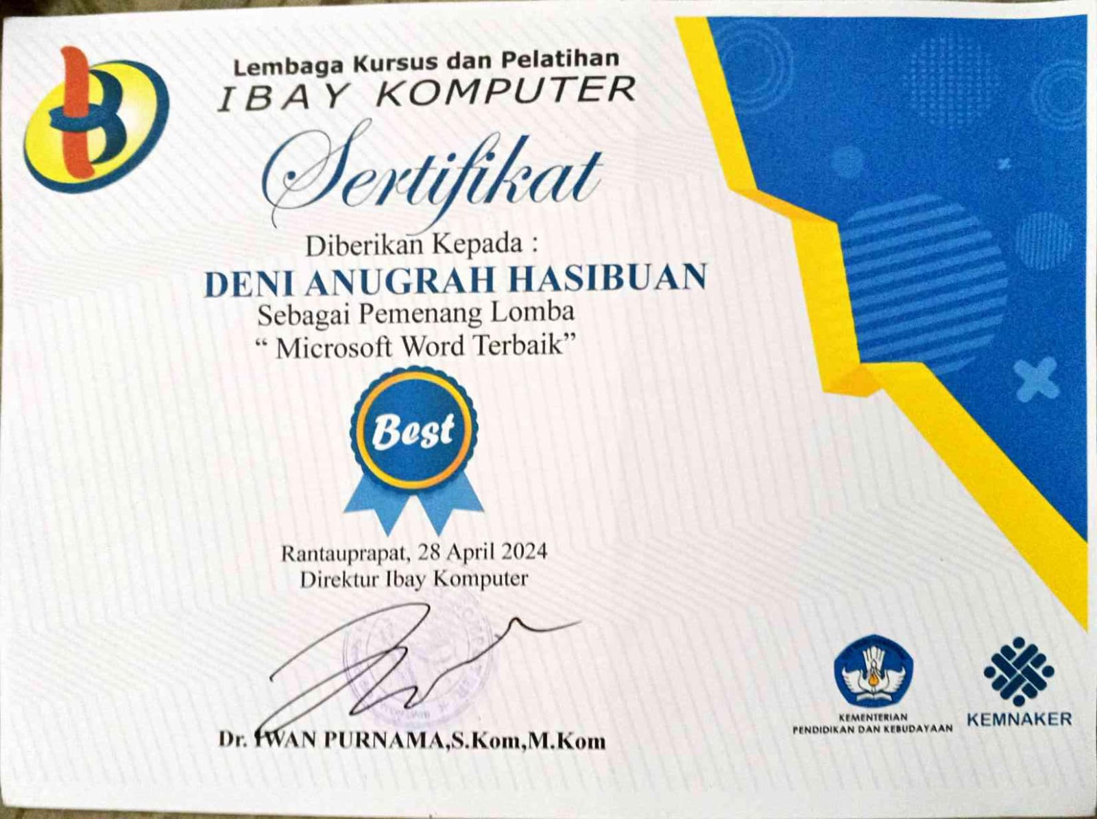 Microsoft Word award certificate